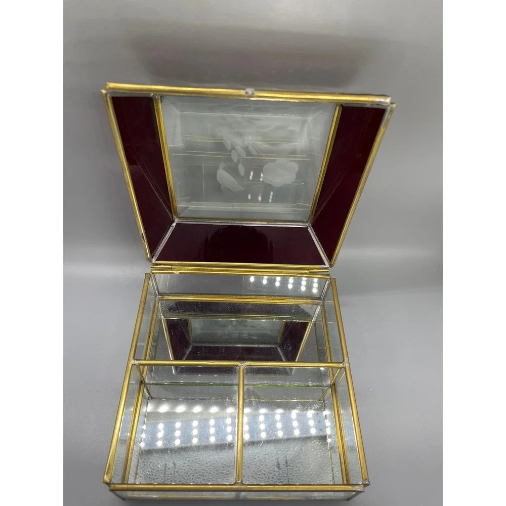 Vintage Red Stained Glass Brass Jewelry Box Etched‎ Hummingbird Floral Mirror